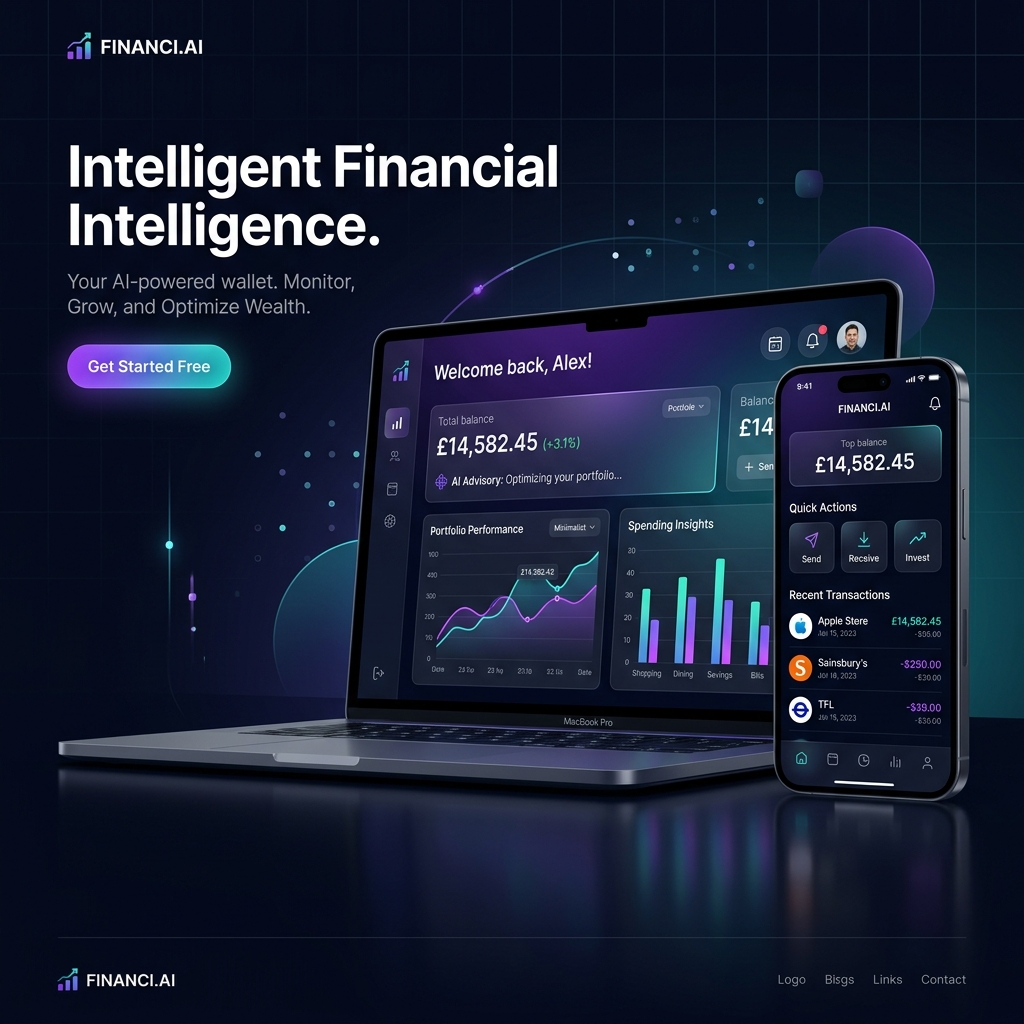 Mockup da interface do AI Wallet mostrando gráficos e análise financeira inteligente